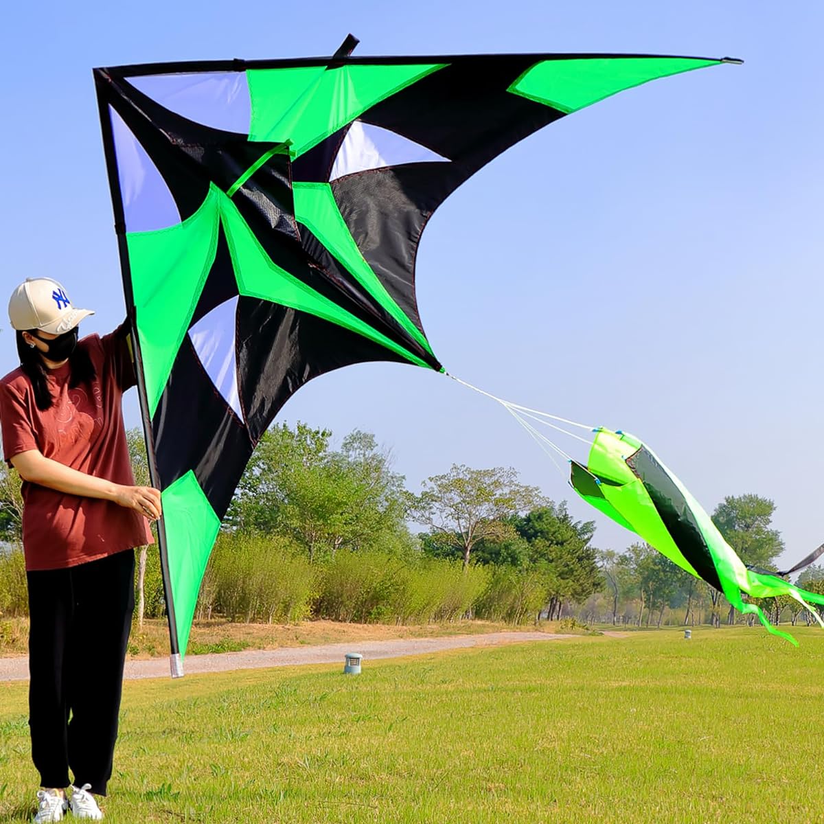 WEICAFLY Giant Delta Kite for Adults with 3D Spinning Kite Tail Big Kite for Kids and Adults Ages 10+ Giant Single Line Beach Kite