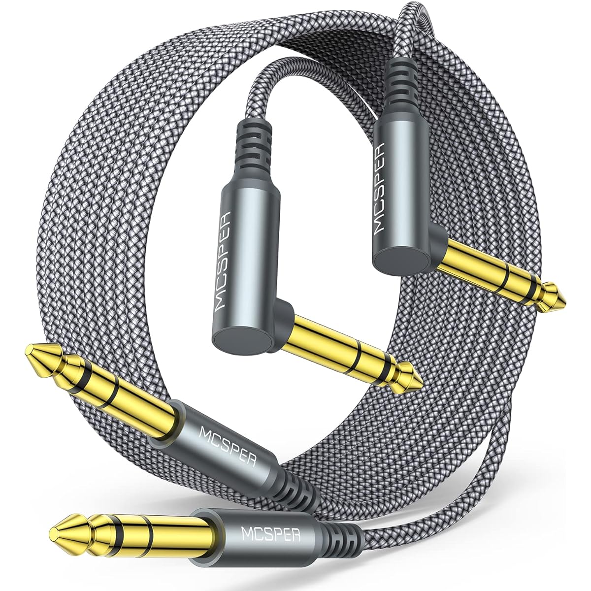 1/4" TRS Instrument Cable 10ft 2 Pack 90 Degree Right Angle to Straight 6.35mm Male Jack Stereo Audio Cord Balanced Interconnect Line for Electric Guitar Bass Keyboard Mixer Amplifier Speaker
