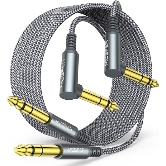 1/4" TRS Instrument Cable 10ft 2 Pack 90 Degree Right Angle to Straight 6.35mm Male Jack Stereo Audio Cord Balanced Interconnect Line for Electric Guitar Bass Keyboard Mixer Amplifier Speaker