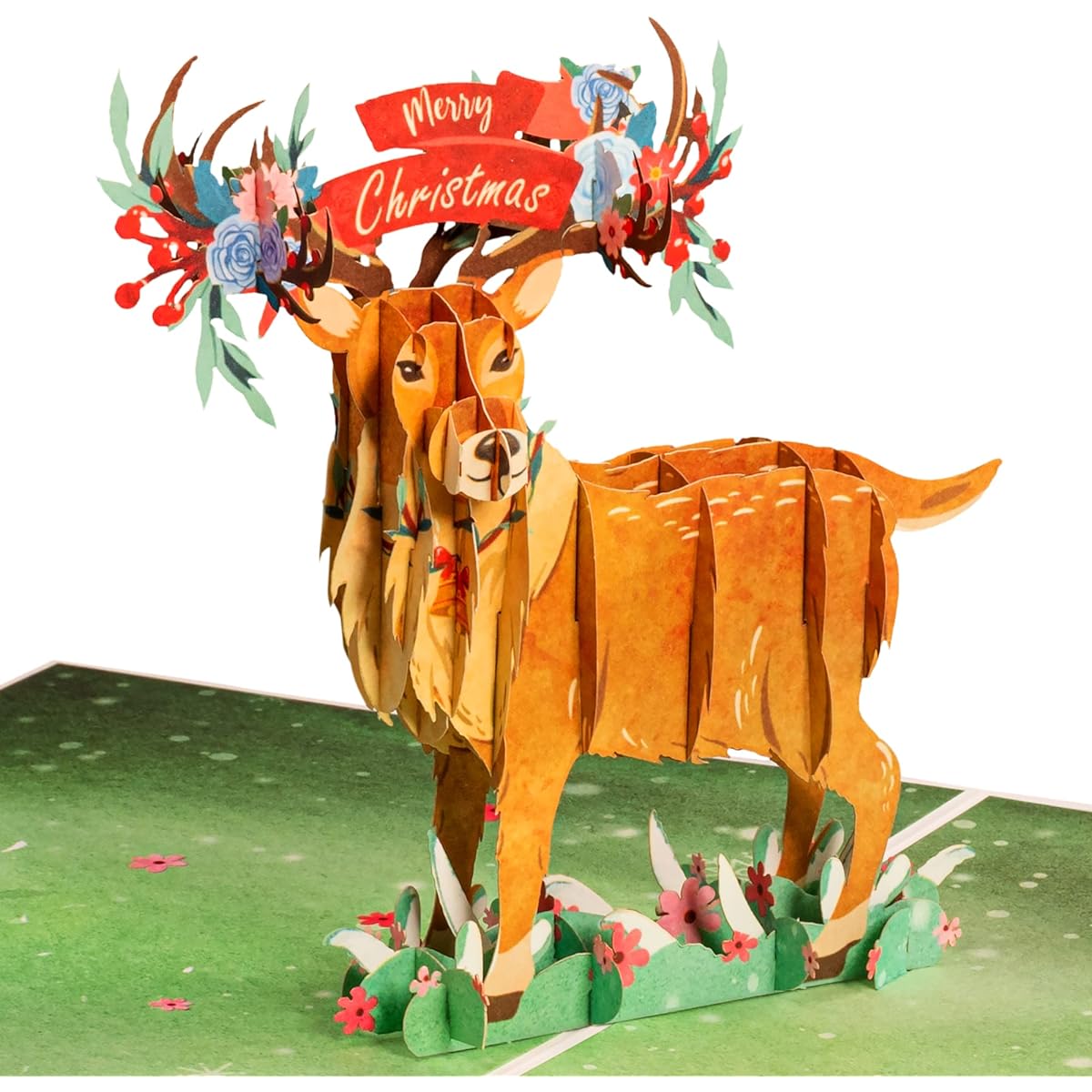 Frndly by Paper Love Pop Up Christmas Card, Christmas Reindeer, Handmade 3D Pop Up Greeting Card for Christmas, Holidays, Winter, 100% Recycled and Eco-Friendly, 8" x 6" Cover - Includes Removable Memo Tag
