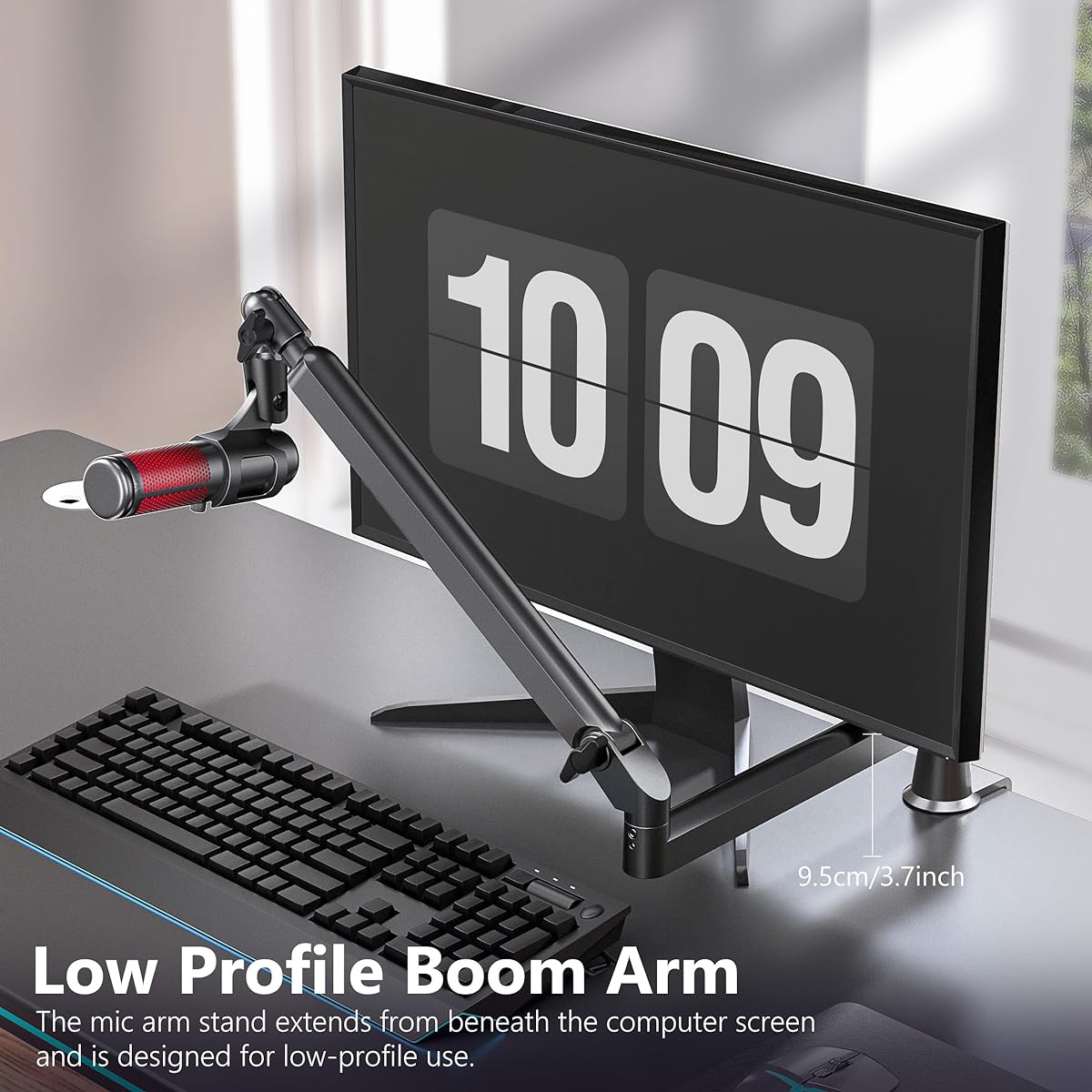 Aisryntek Microphone Boom Arm Low Profile Mic Stand 360 Degree Rotation Cable Management with Mic Clip 3/8" to 5/8" & 1/4" Adapter for Blue Yeti HyperX QuadCast Shure Elago