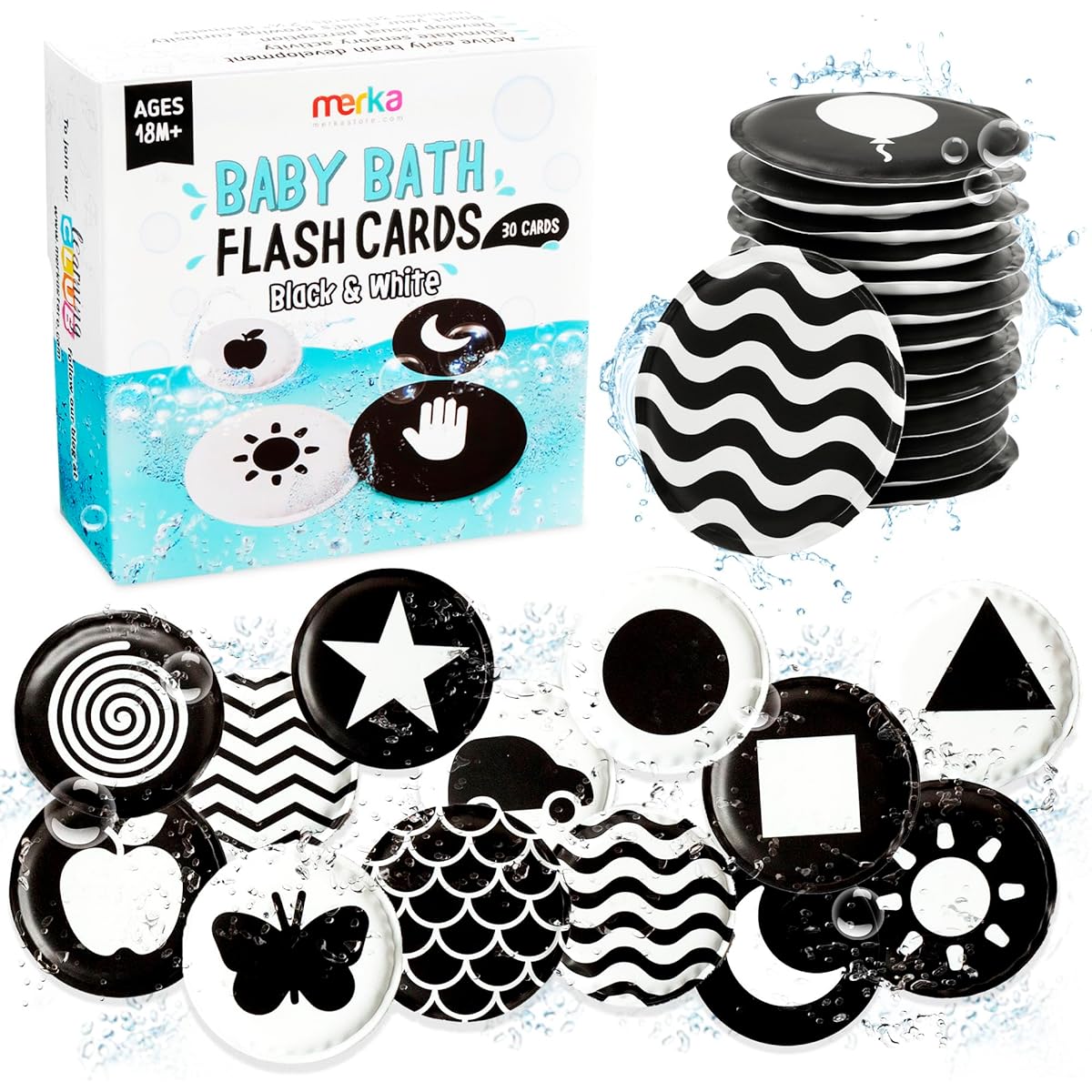 merka Baby Bath Flash Cards Black and White Set of 30 High Contrast Image Floating Cards Sensory and Visual Learning Bathtub and Shower Toys for Infants 0-3 Years