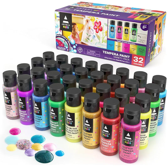 Arteza Tempera Washable Paints for Kids, Set of 32, 2.03oz/60ml Bottles, Poster Colors for Craft Projects, Sponge Painting, Finger Painting, Includes Neon, Glitter, Glow in the Dark Colors