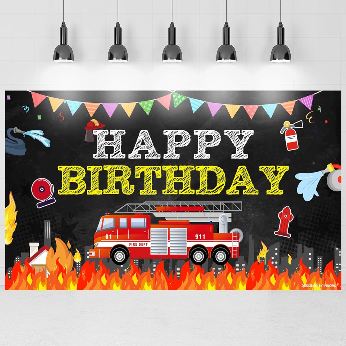 70 x 40 Inch Happy Birthday Large Banner Photography Backdrop Fire Truck Theme Indoor Outdoor Birthday Party Decorations Kids Party Supplies