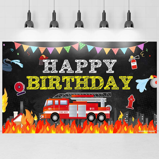 70 x 40 Inch Happy Birthday Large Banner Photography Backdrop Fire Truck Theme Indoor Outdoor Birthday Party Decorations Kids Party Supplies