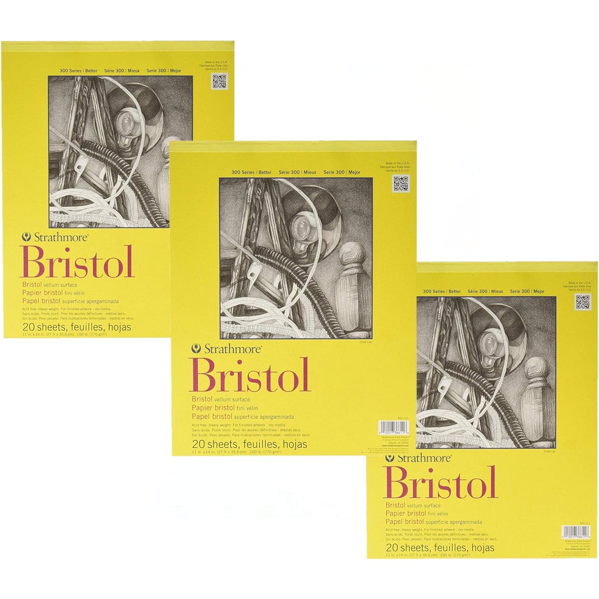 Strathmore 300 Series Bristol Pads, 11" x 14", 20 Sheets (3 Pack) 11-x-14-Inch 342-111