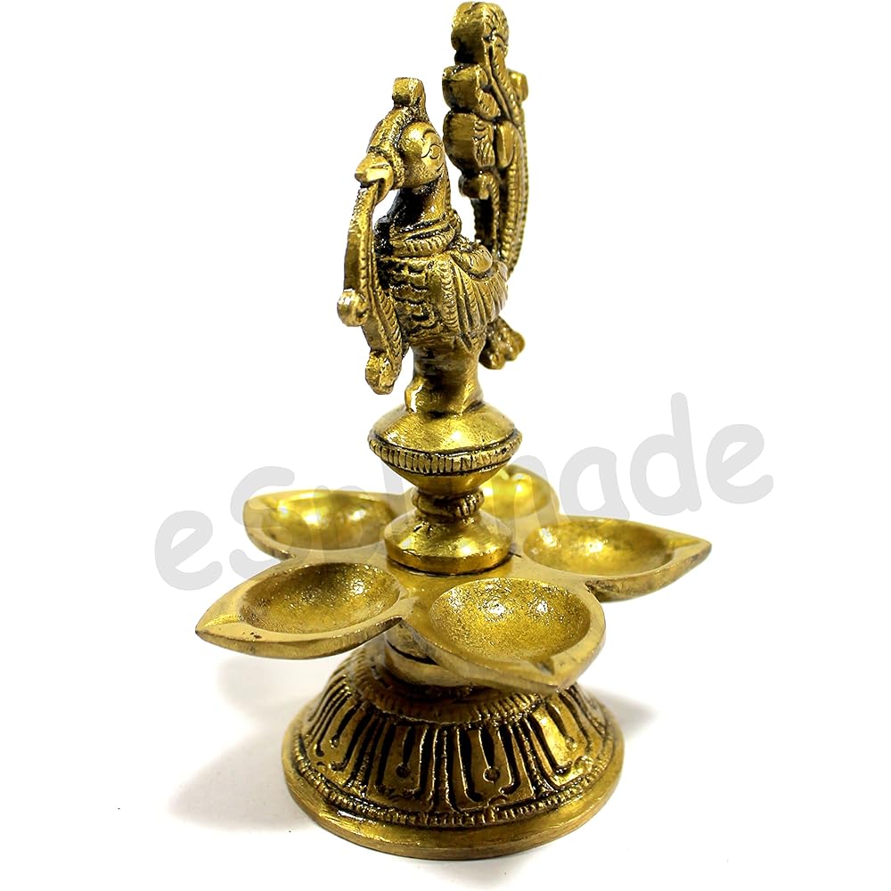 eSplanade – 5 Inch Peacock Lotus Shape Round Brass Diya | Oil Lamp | Home Decor | Brass Deepam | Brass Lamp | Kuthu Vilakku | Oil Lamp for Home and Office