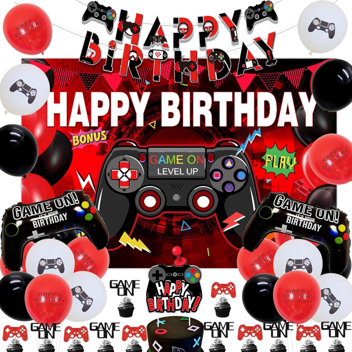 Video Game Birthday Party Decorations Red and Black Gamer Game Birthday Party Supplies Video Game Happy Birthday Backdrop Cake Topper Game Controller Foil Balloons for Boys
