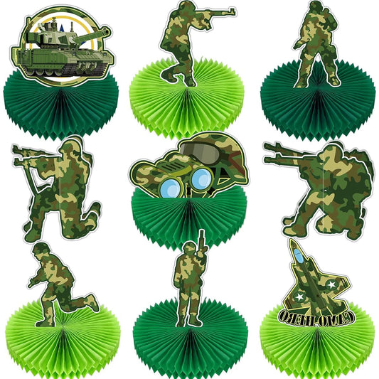 9 Pack Army Military Honeycomb Centerpieces Tank Camouflage Party Decorations 3D Various Poses Green Soldier Figures Table Centerpieces for Boys Girls Soldier Camouflage Baby Shower Party Supplies
