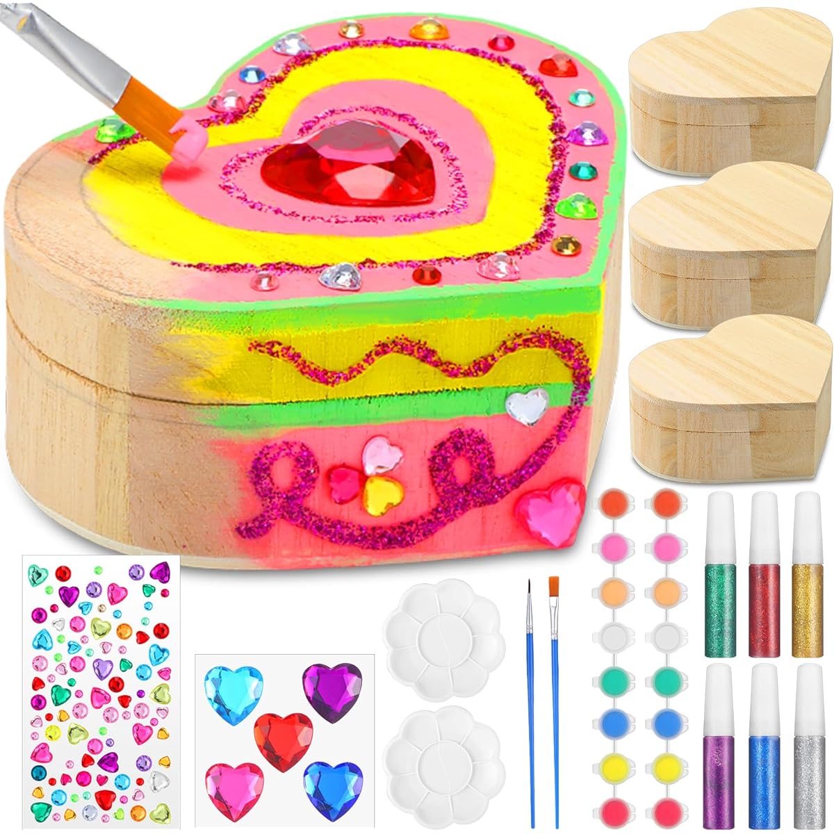 Geetery 4 Sets Kids Heart Treasure Box Kit, Make Your Own Heart Box Art Kit for Toddlers Girls Wooden Arts & Crafts Easter Gifts, DIY Box Painting Project Gifts for Kids