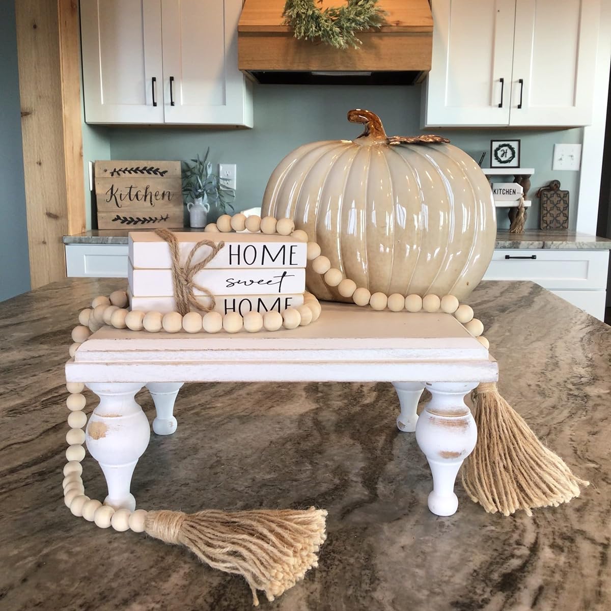 CS Chic but Shabby Fall 3 Piece Tiered Tray Decoration Set with White Wood Risers 58" for Wood Bead Garland Fake Book Decor