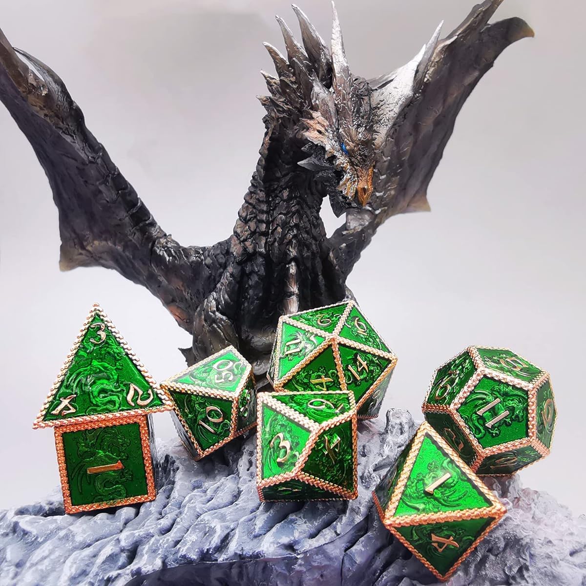 HAOMEJA Dragon Metal Dice DND 7 Set Dice Role Playing Dice D&D Dungeons & Dragons Red Copper Green