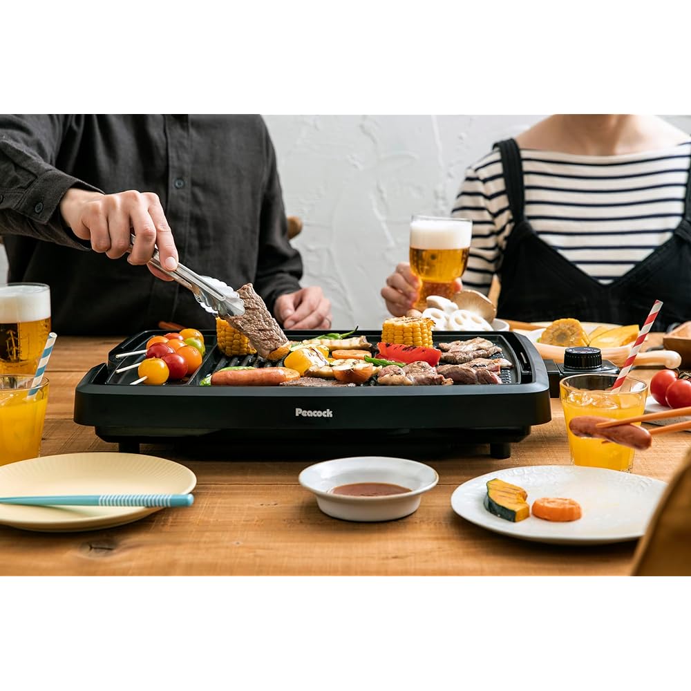 Peacock Thermos Industry Co., Ltd. Yakiniku Plate [WEB Limited Tong Set] Meat Grill Yakiniku Seafood Skewers Tabletop Electric Yakiniku Hot Plate Black WY-D120T B