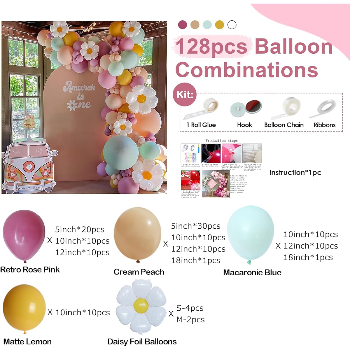 MYDECORBL Daisy Balloon Arch Kit, 128pcs Daisy Balloons Combination Daisy Party Decorations for Groovy Theme Party Birthday Baby Shower Wedding Celebration Forest Theme Decorations