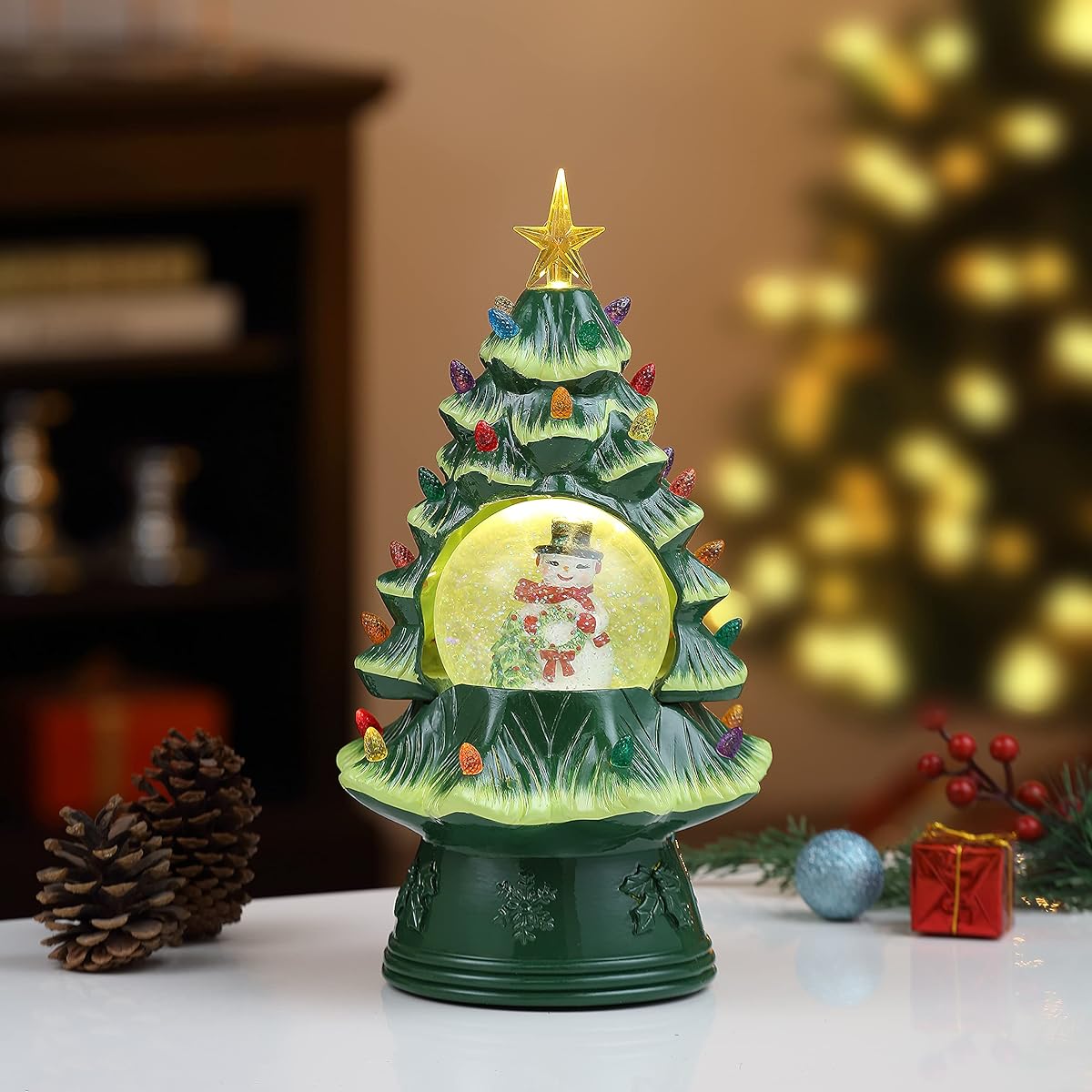 Mr. Christmas Nostalgic Ceramic Christmas Tree with LED Lights, Indoor Decor, 13.5" Snow Globe, Snowman