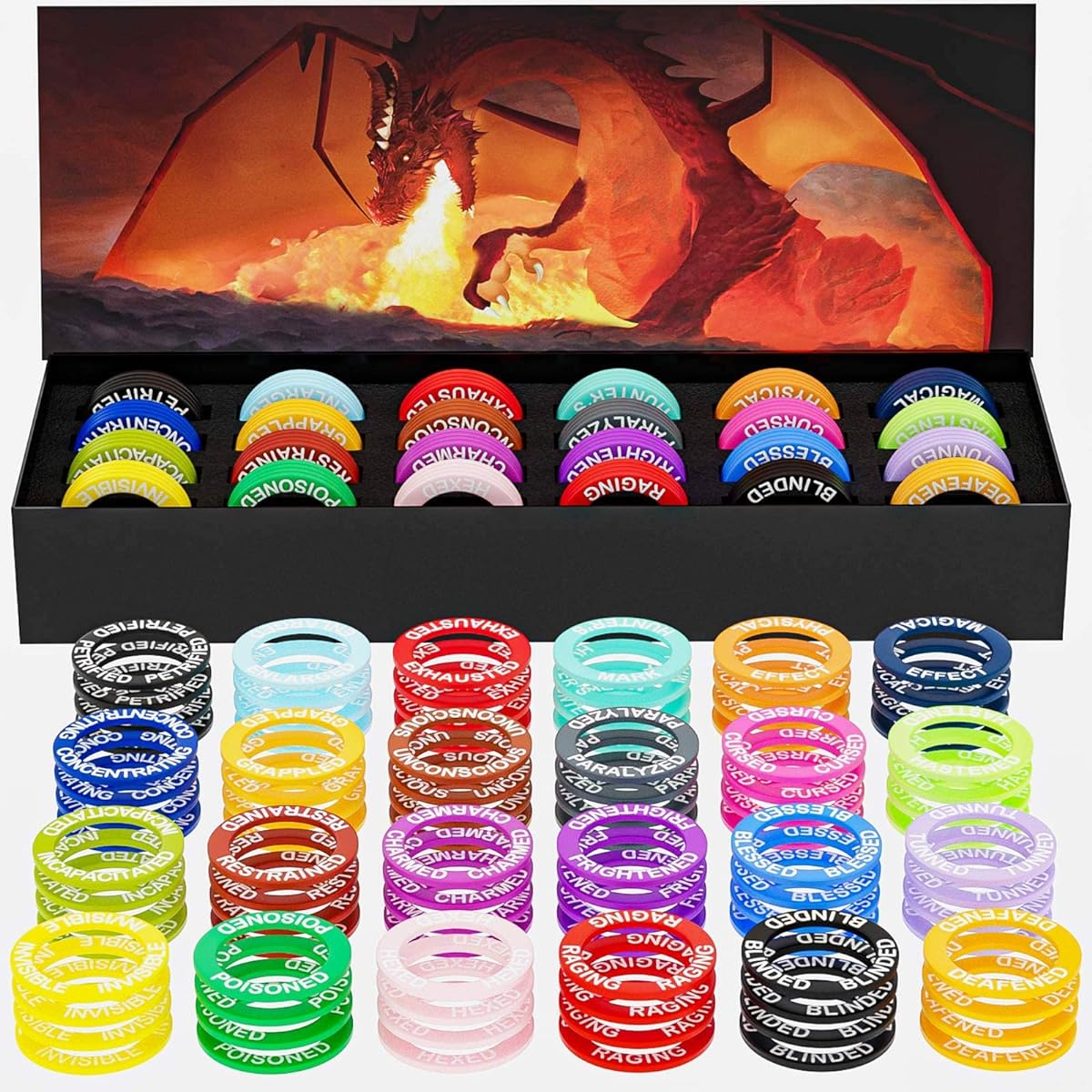 DND Miniatures Condition Marker Set - 96 Ring Cards, Track 24 Starter & Spell Effects, Perfect for Dungeons & Dragons 5e Edition, Pathfinder, RPG Game Gifts, D&D Accessory Tokens