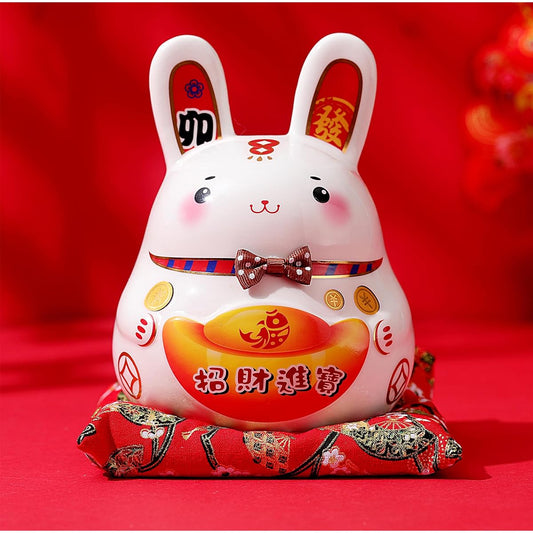 2023 Chinese New Year Decoration Bunny Figure Piggy Bank ~Shizai Shin Wishing You Wealth and Success ~Ceramic Zodiac Rabbit Piggy Bank for Home Decor Gift Box Included