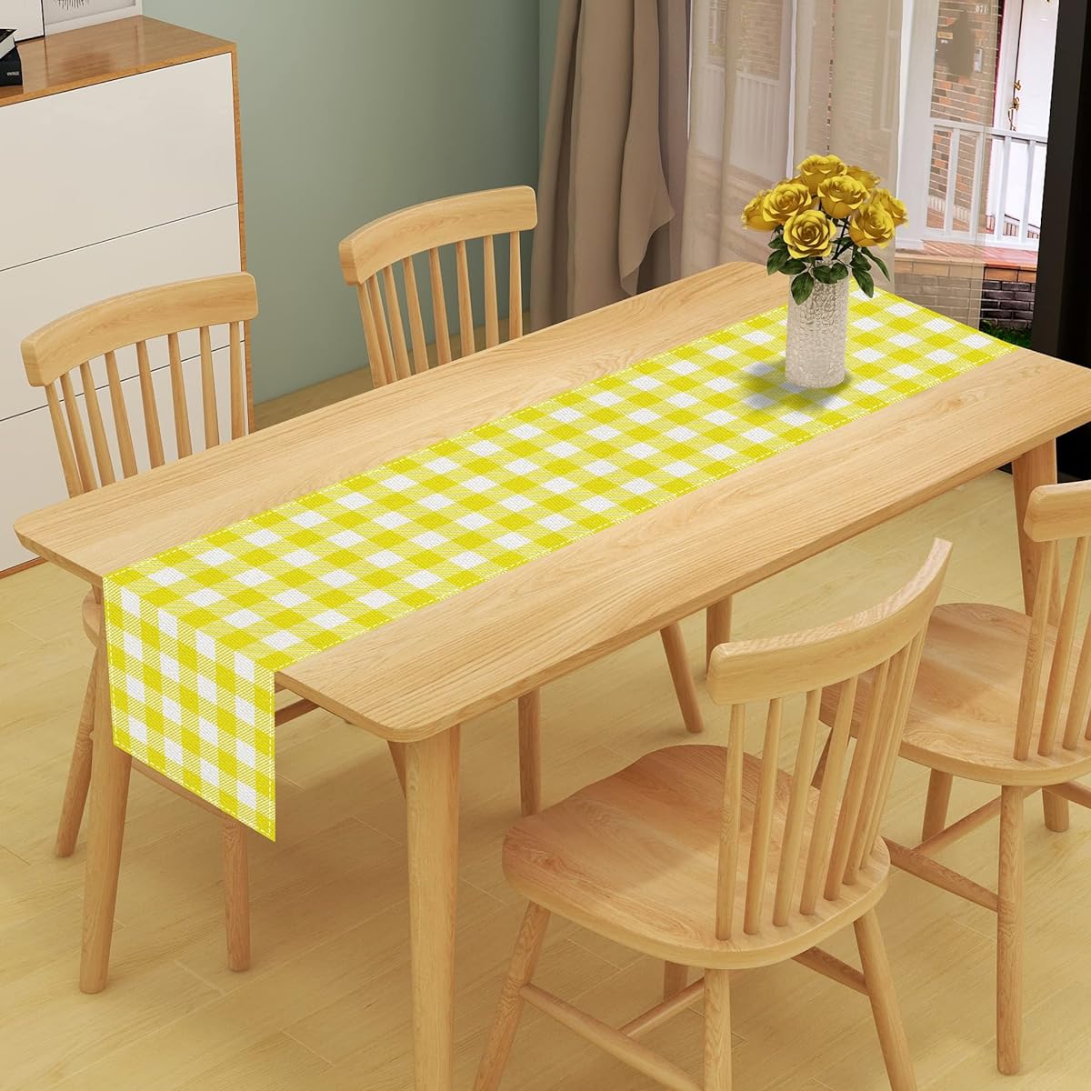 Linen White and Black Buffalo Check Plaid Table Runner Farmhouse Spring Summer Lemon Sunflower Bee Pineapple Sunshine Table Decorations 13x72 Inch (Yellow and White)