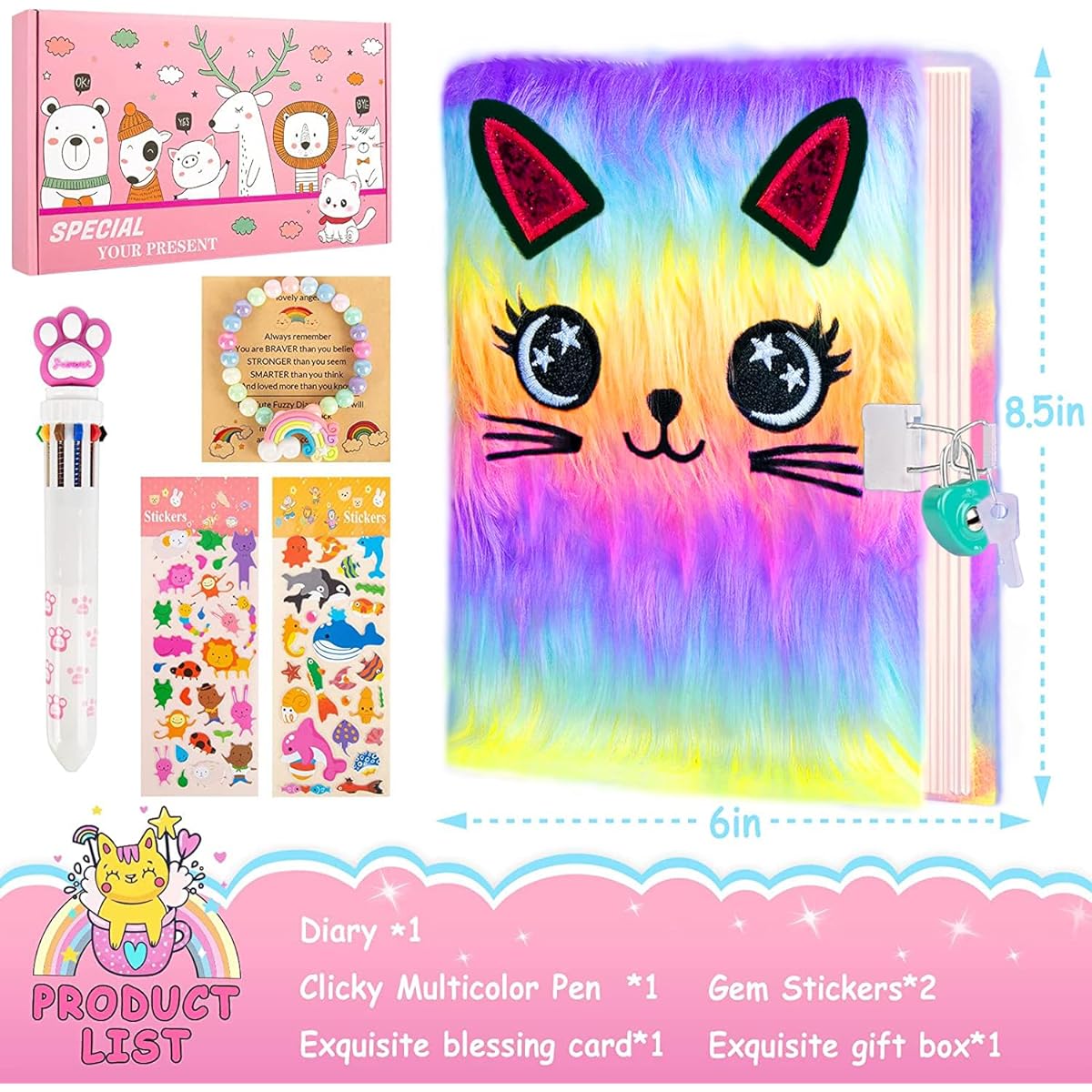 Cute Cat Girl's Diary with Lock and Key Kit - Cat Diary Secret Notebook Journal for Girls Christmas Gift - Cute Stationery School Supplies Colorful Pen Bracelet Gemstone Stickers Gift Package