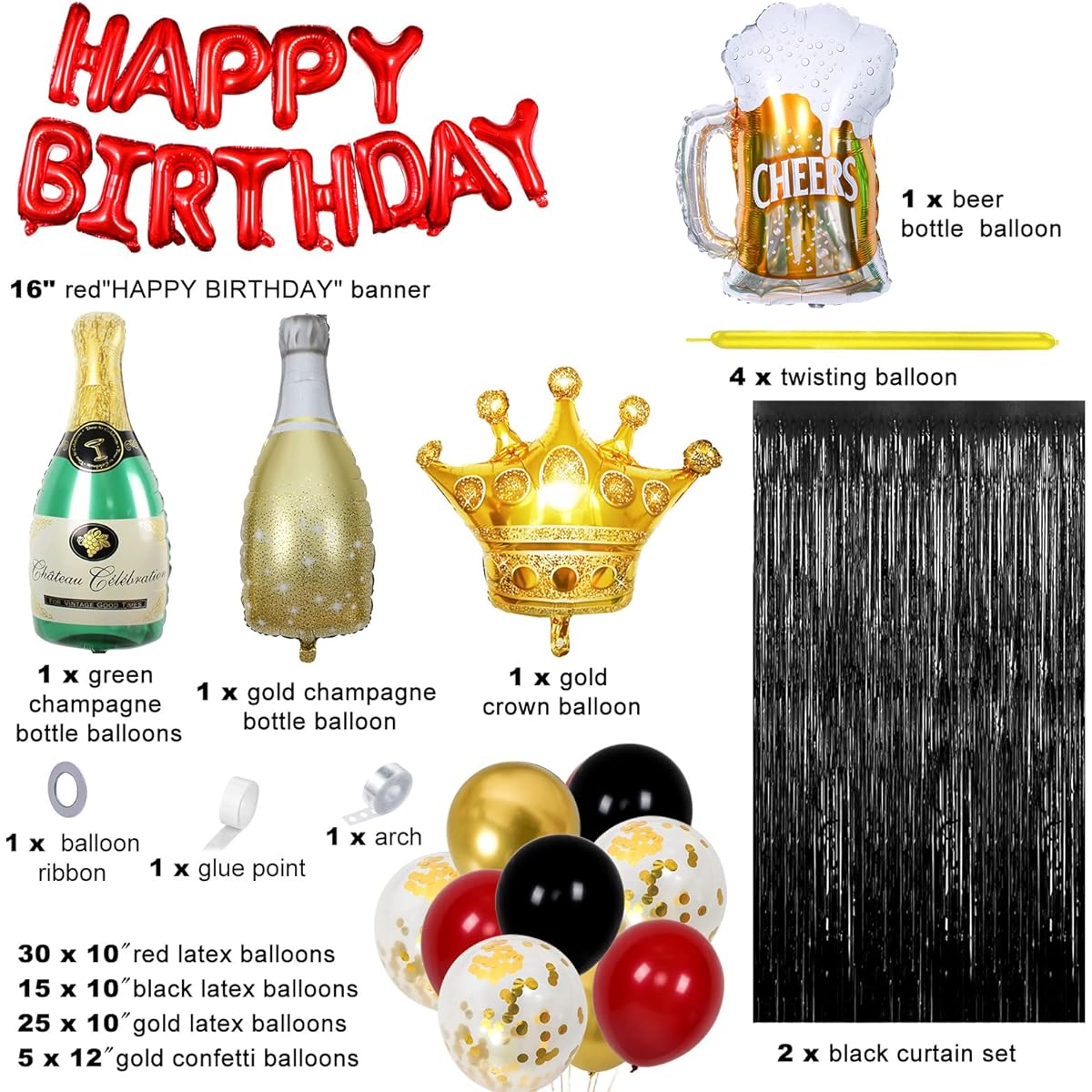 Red and Black Birthday Decorations for Men Women Boys Girls 101pcs Red and Black Birthday Party Supplies Red Happy Birthday Banner Balloons Black Fringe Curtains with Crown Champagne Beer Balloons