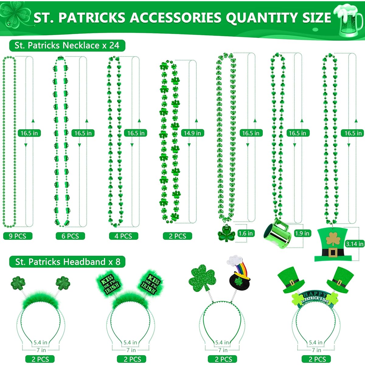 EOBOH 24 St. Patrick necklaces and 8 headbands