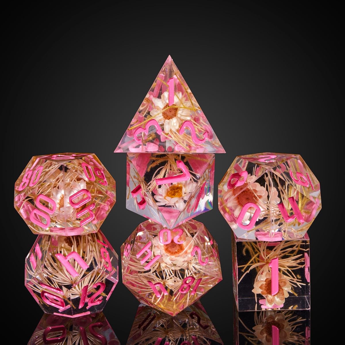 Cusdie Sharp Edge DND Dice 7pcs Flower Dice Set D&D D20 D12 D10 D8 D6 D4 Handcrafted Polyhedral Dice Set for Dungeons & Dragons RPG Pathfinder and Other Tabletop Games (Pink Star Flower