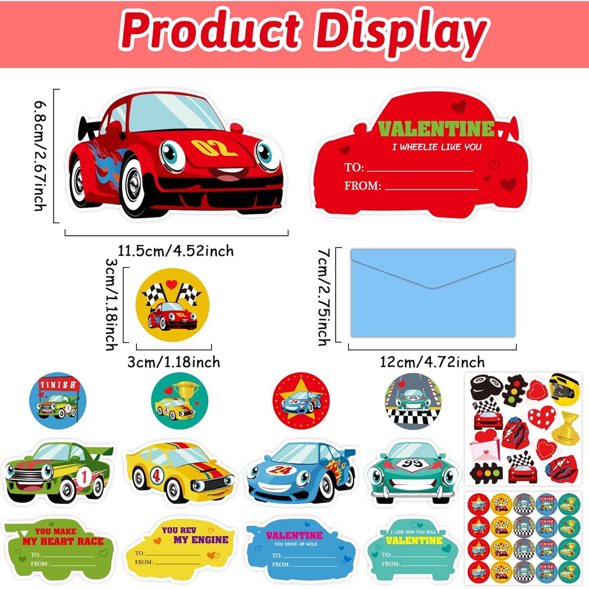 40 Pieces Valentine's Day Card Kit for Kids Mailbox Classroom Replacement Valentine Racing Car Party Favors with Envelope Stickers Fun Activities Decoration for Kids Teacher Classroom Kindergarten Home