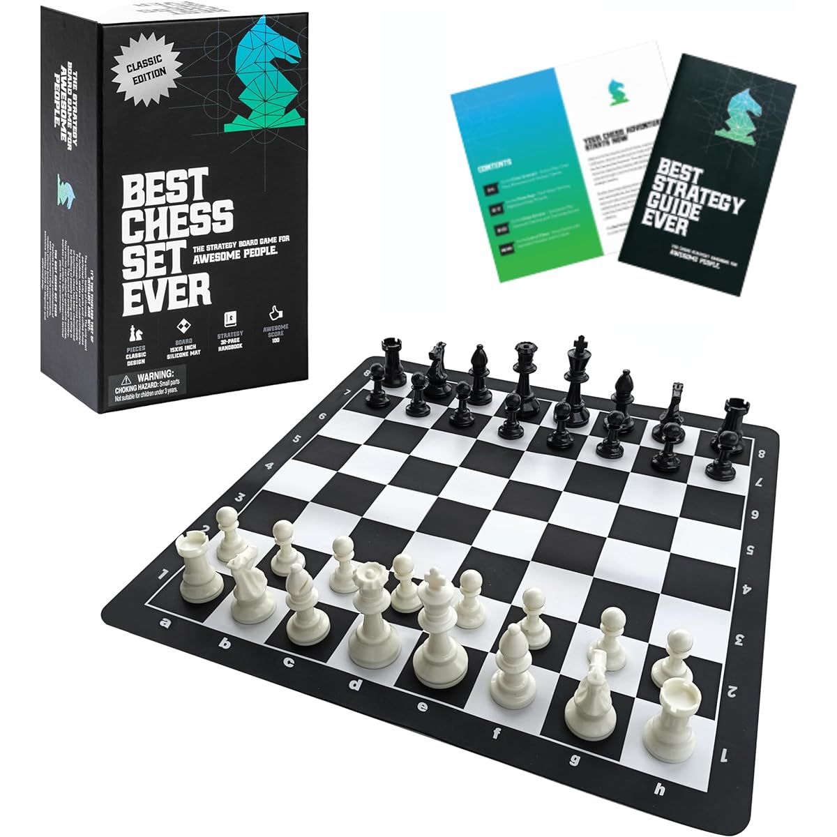 Best Chess Set Ever - Travel Chess Set with Single Weight Staunton Pieces and 15" x 15" Foldable Silicone Board - Travel Edition