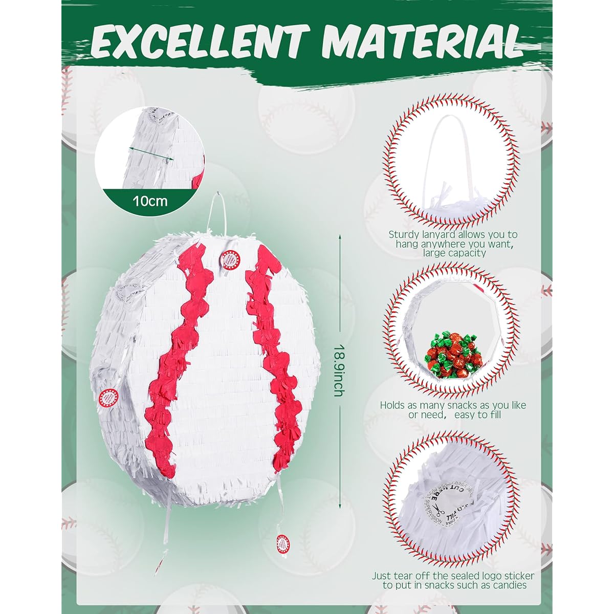 Wettarn 2pcs 19 x 19 Inch Large Baseball Pinata with Pull String Baseball Birthday Party Supplies Mexican Fiesta Pinata Baseball Game Sports Theme Celebration Gender Reveal Decorations
