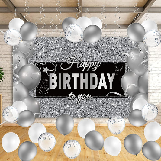 38 Pieces Happy Birthday Party Decorations Black Silver Birthday Backdrop Photo Banner White Silver Latex Balloons Birthday Banner Men Women Anniversary Party Supplies 72.8 x 43.3 inches
