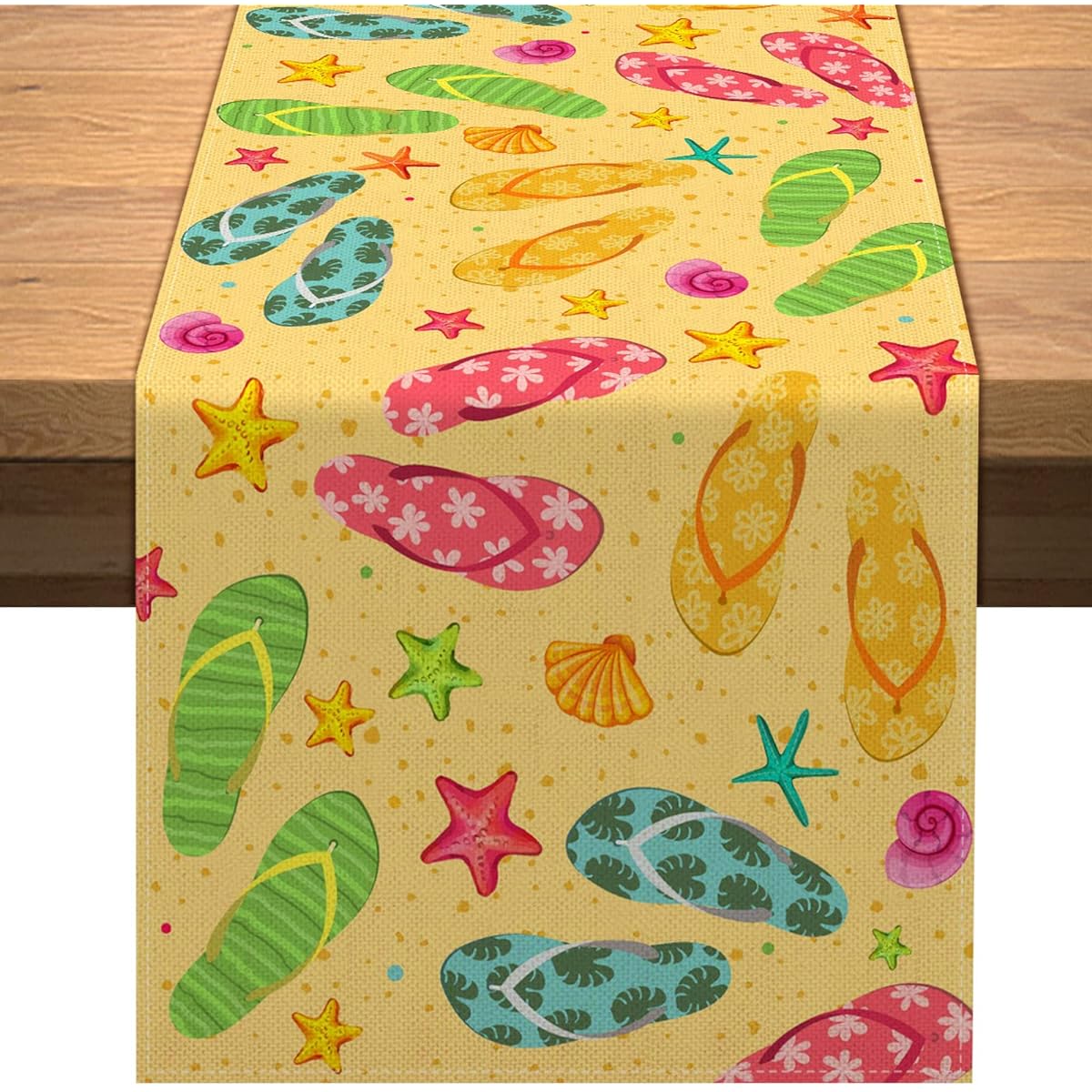 Linen Summer Flip Flop Table Runner Beach Starfish Shell Slippers Home Kitchen Dining Room Table Decor Hawaiian Party Supplies 13x72 Inch