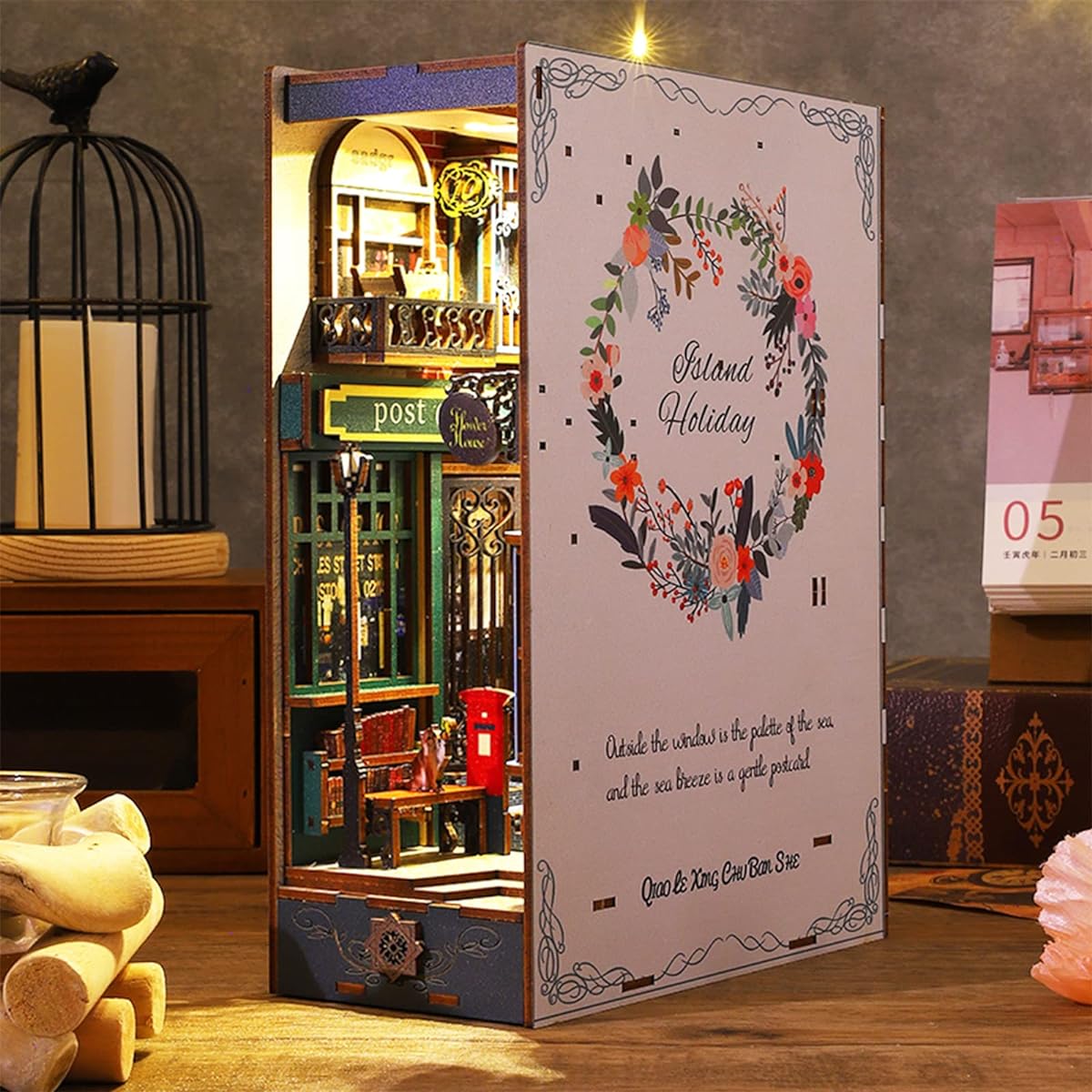 Book Nook Kit DIY Bookshelf Insert Decorative 3D Puzzle Miniature Wooden Bookends with LED Lights Small Library House Dollhouse Model Craft Kit for Adults