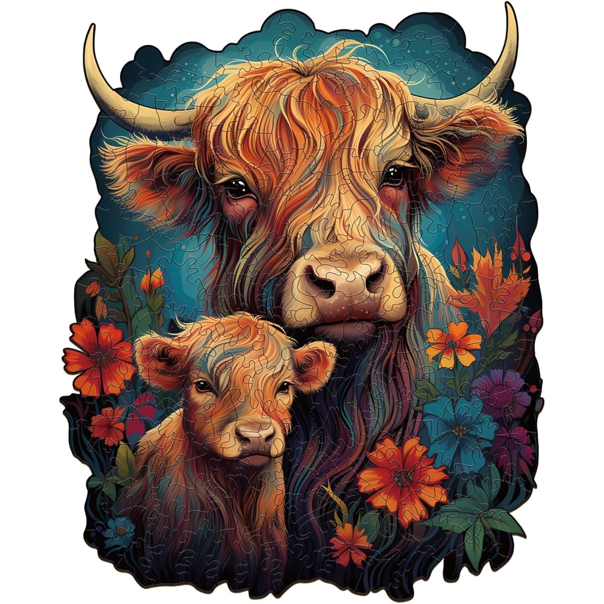 WOODBESTS Wooden Puzzle for Adults Highland Cow Family Puzzle Large 280 Pieces 10.75" x 13.3" Beautiful Wooden Box Wooden Jigsaw Puzzle Unique Shape Birthday Gift for Adults and Kids Family Game