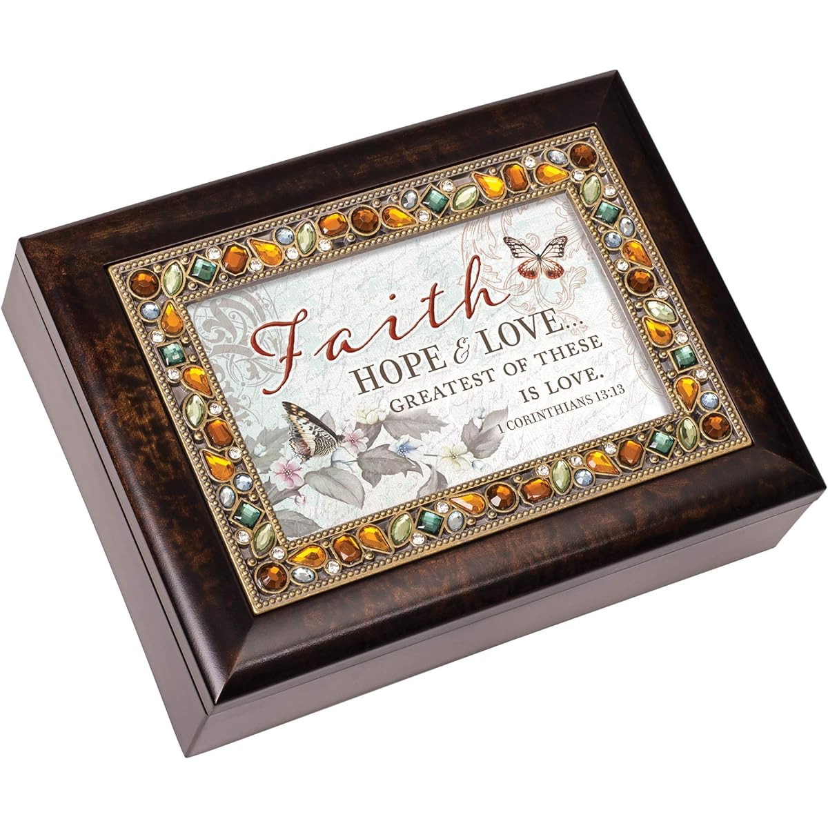 Cottage Garden Faith Hope Greatest is Love Amber Earth Tone Jeweled Music Box Amazing Grace