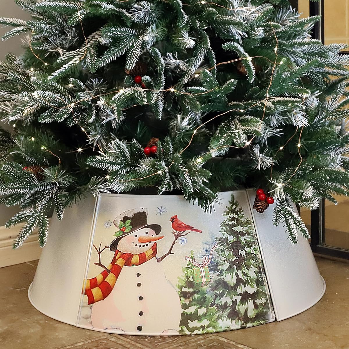 WKHOMEDECO 27 Inch Snowman Christmas Tree Collar Adjustable Metal Tree Collar - Large to Small Christmas Tree Beautiful Christmas Tree Collar for Artificial Tree Decorate Your Holiday Home
