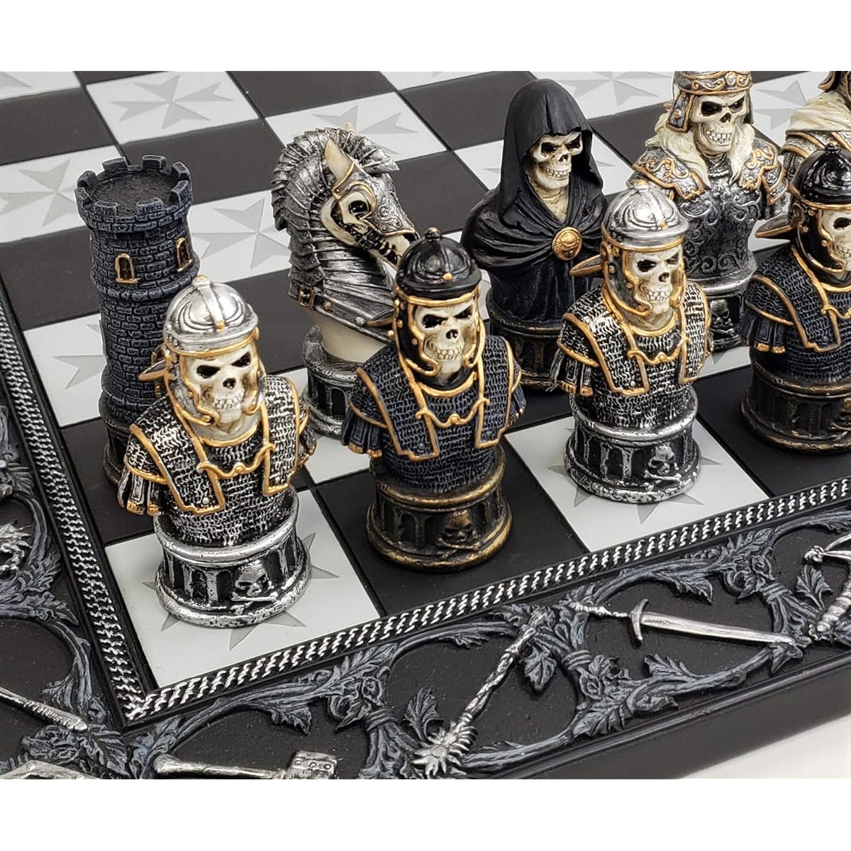Medieval Times Skull Bust Gothic Fantasy Skeleton Knights Chess Set with 17" Maltese Board