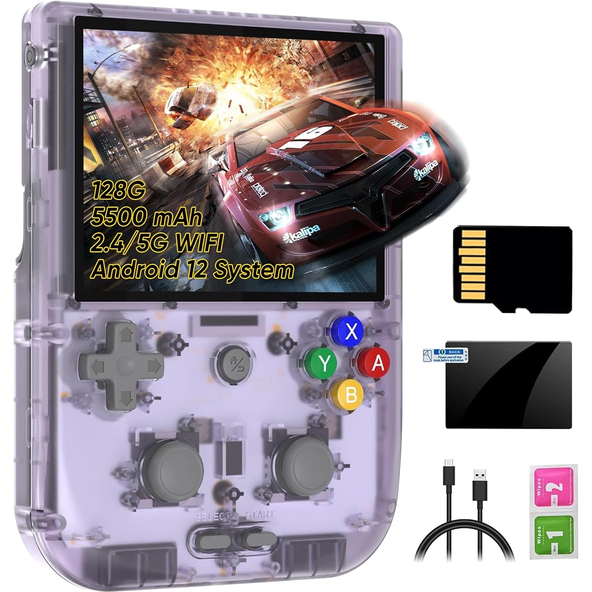 RG405V Handheld Game Console Retro Game Console 3.5 Inch IPS Screen 64G TF Card 5474 Classic Games 2100mAh Battery Support Linux/HDMI/TV Output Purple