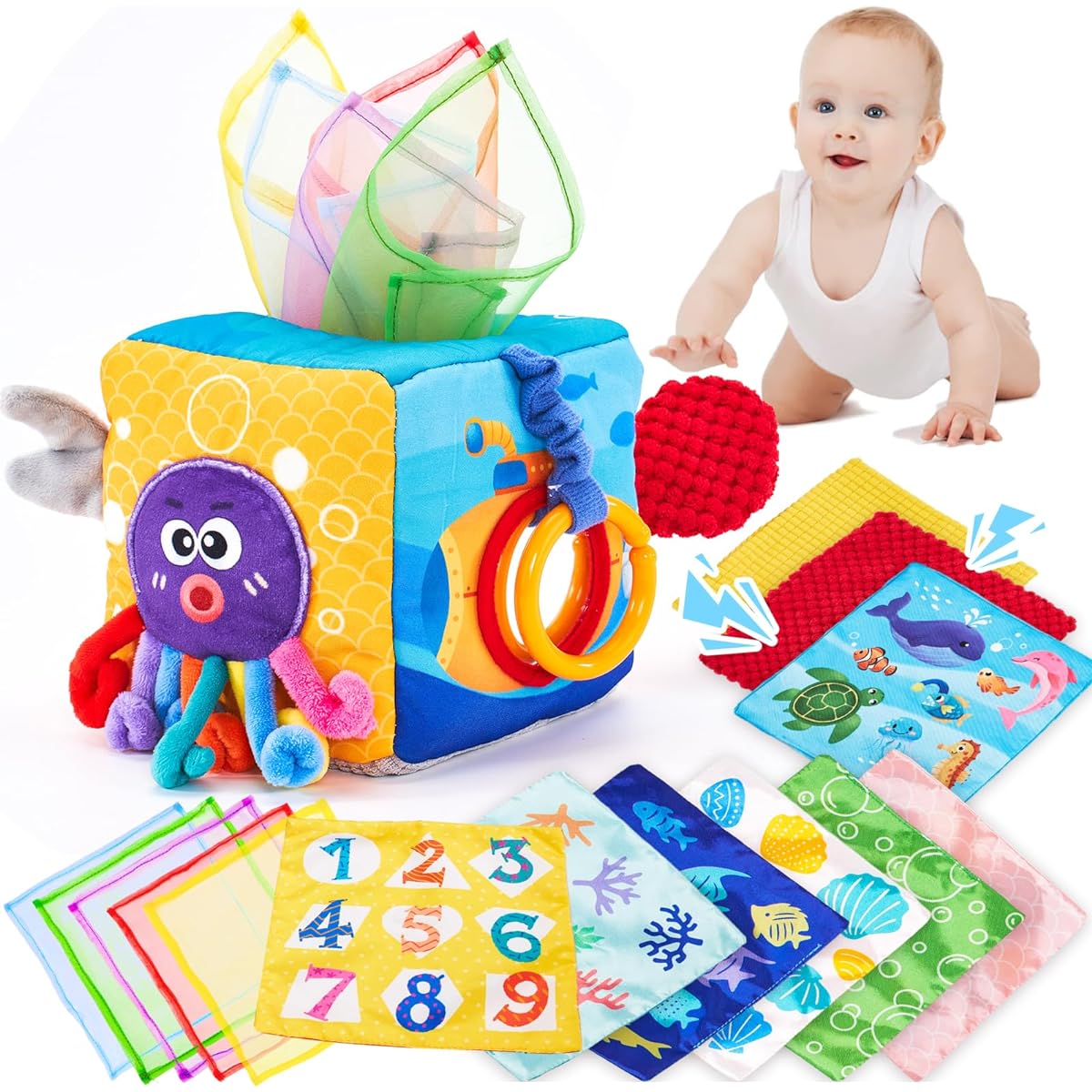 hahaland Baby Tissue Box Toy - Baby Toys 6 to 12 Months Montessori Toys for Babies 6-12 Months with Textured Tails, Cloth Tissues, Crinkle, Squeaky Sounds, Mirror - Baby Sensory Toys
