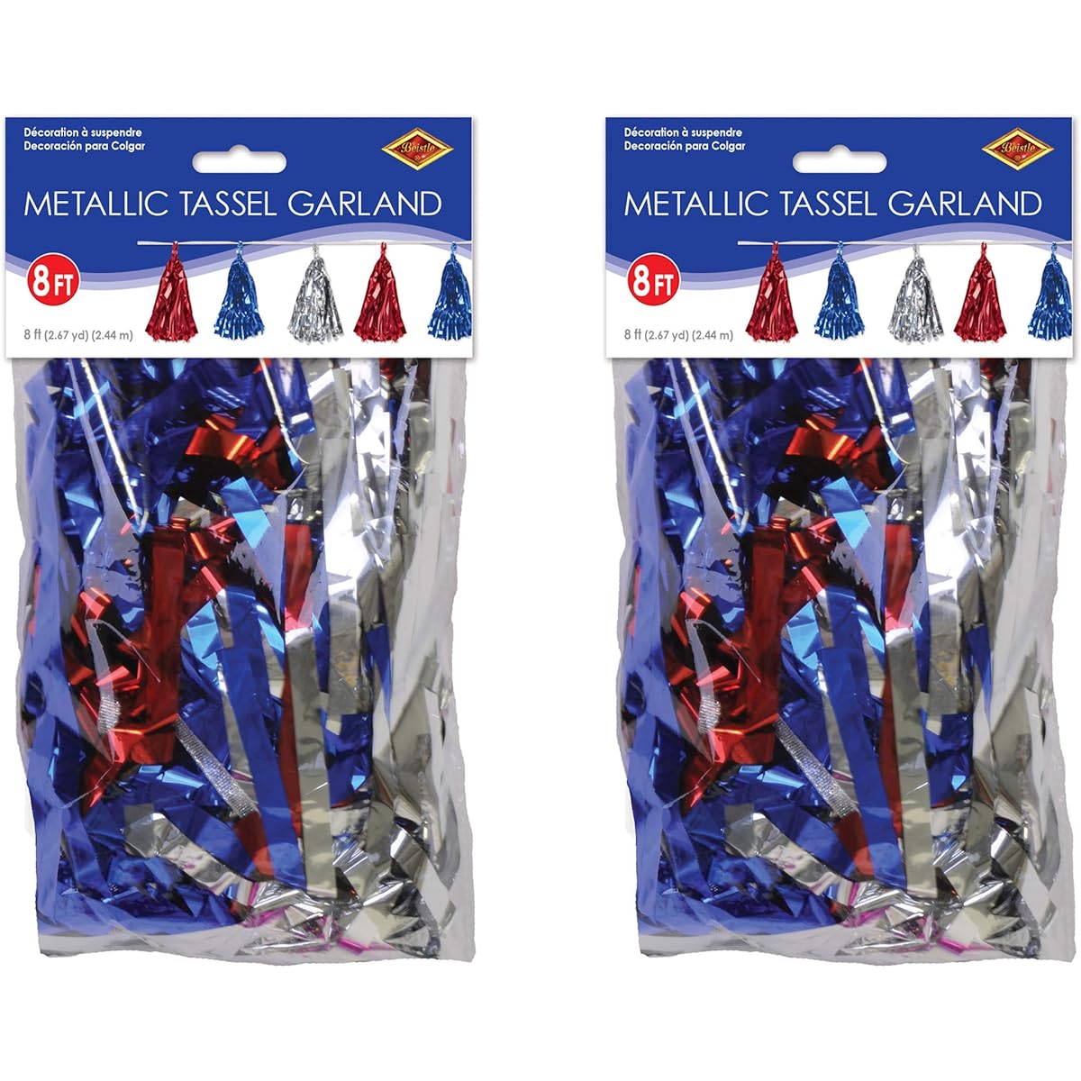 Beistle Beistle Metallic Tassel Garland 2 Piece 9.75" x 8' 9.75" x 8' Red/Silver/Blue