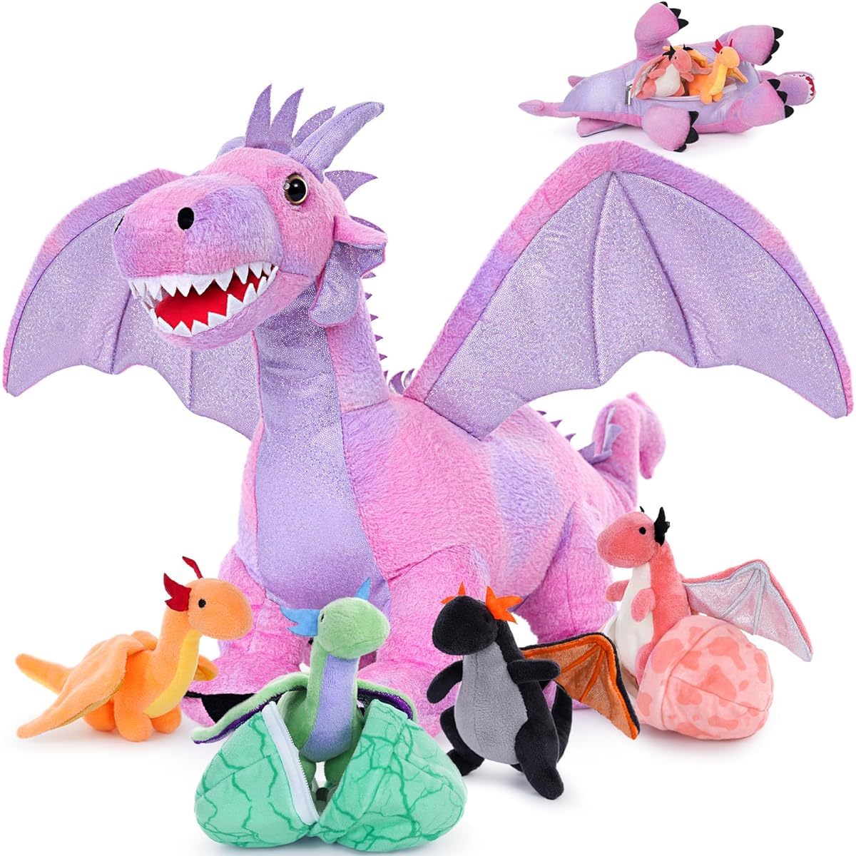 Muiteiur Big Dragon Plush Toy Set, 21.6 Inch Soft Plush Dragon Toy with 4 Baby Dragons and 2 Eggs for Kids Toddlers