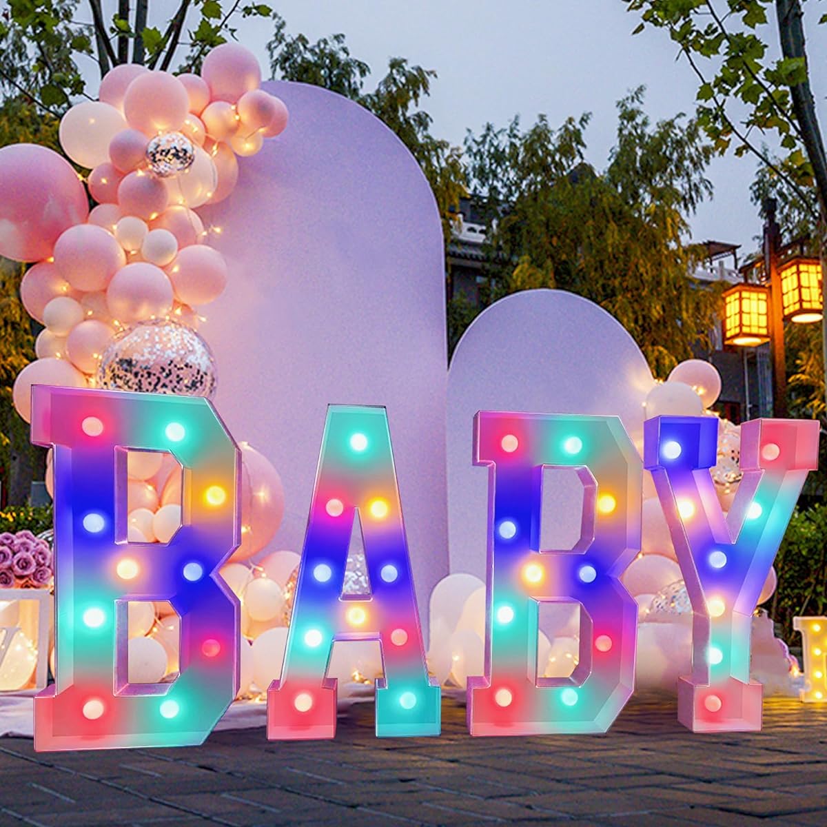 Thanps Baby Shower Decorations Large Pre-cut Baby Marquee Light Up Letter Kit with Balloons and String Lights Mosaic Foam Board Sign for Boy/Girl Party Supplies Decorations