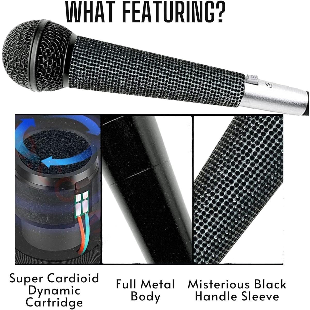 RhymKawa 58 Vocal Microphone with XLR Cable, Black Die-cast Body, Shiny Rhinestone Handle Sleeve for KTV, Singing, DJ, Church, Presentation, Recording