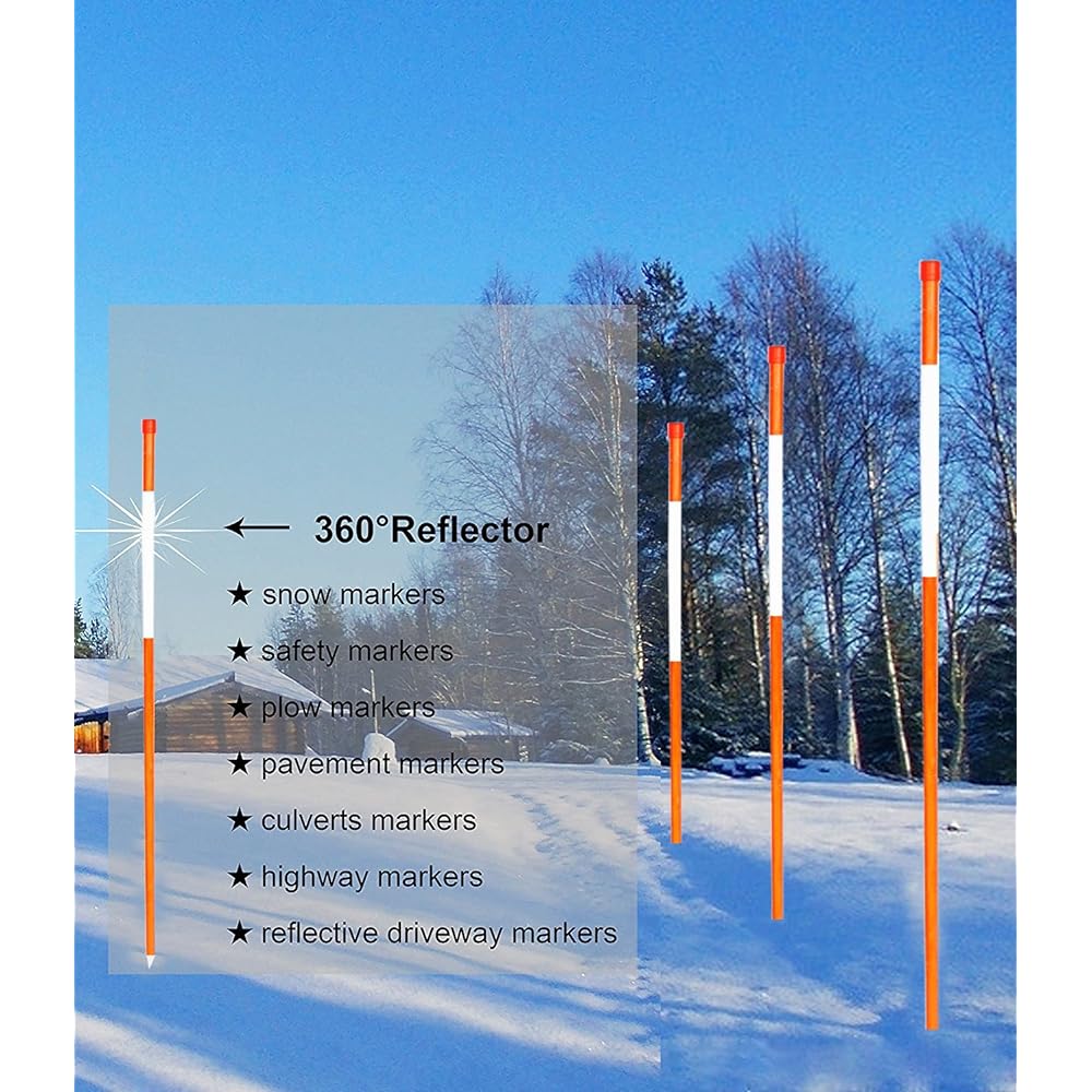 FiberMarker Reflective Driveway Markers 48" Orange 100 Pack 5/16" Diameter Hollow Driveway Pole Easy to See at Night