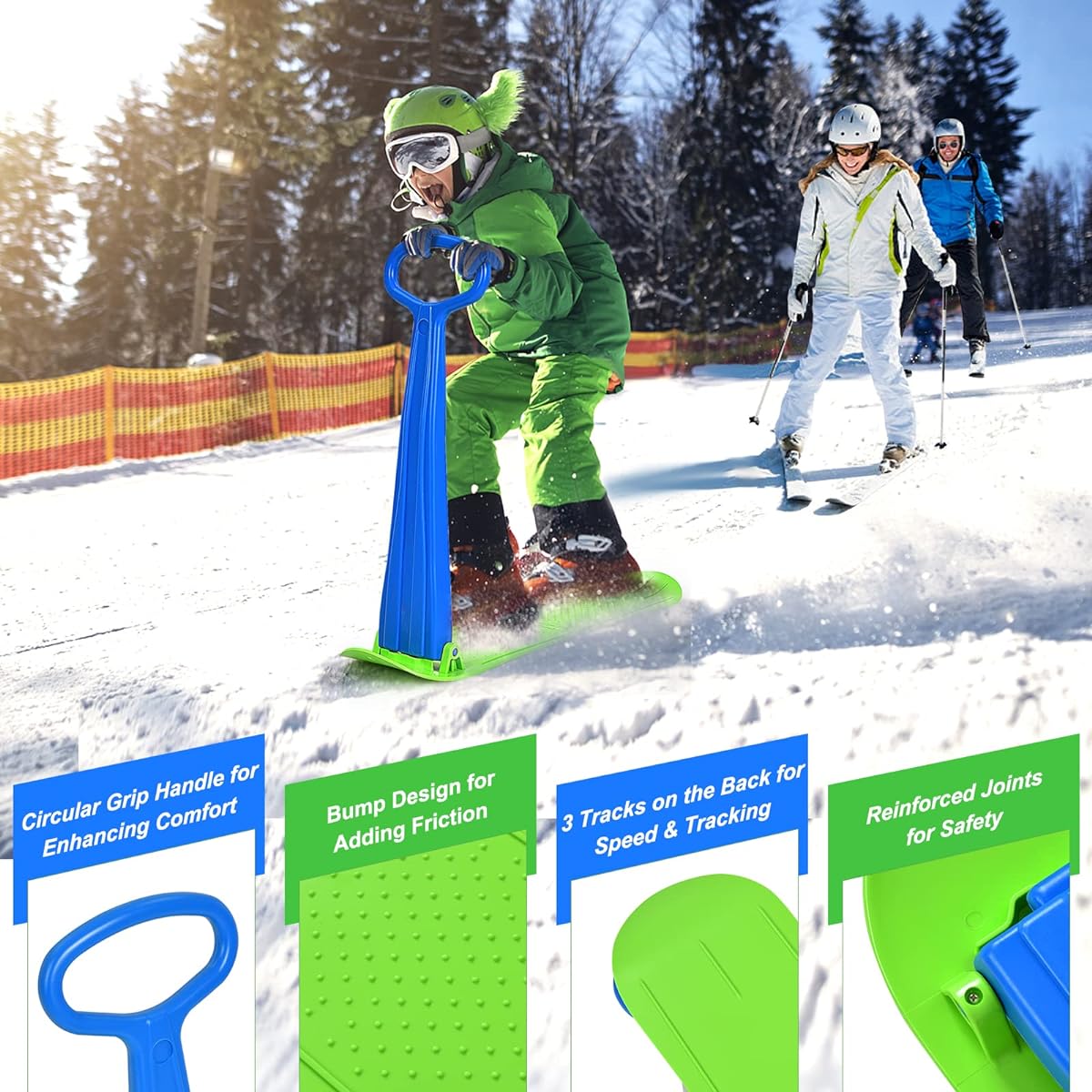 GYMAX Snow Scooter, Folding Snowboard, Kick Scooter with Grip Handle, Cold Resistant, Anti-Slip, Winter Toy, For Snow, Grass, Sand, For Ages 5+