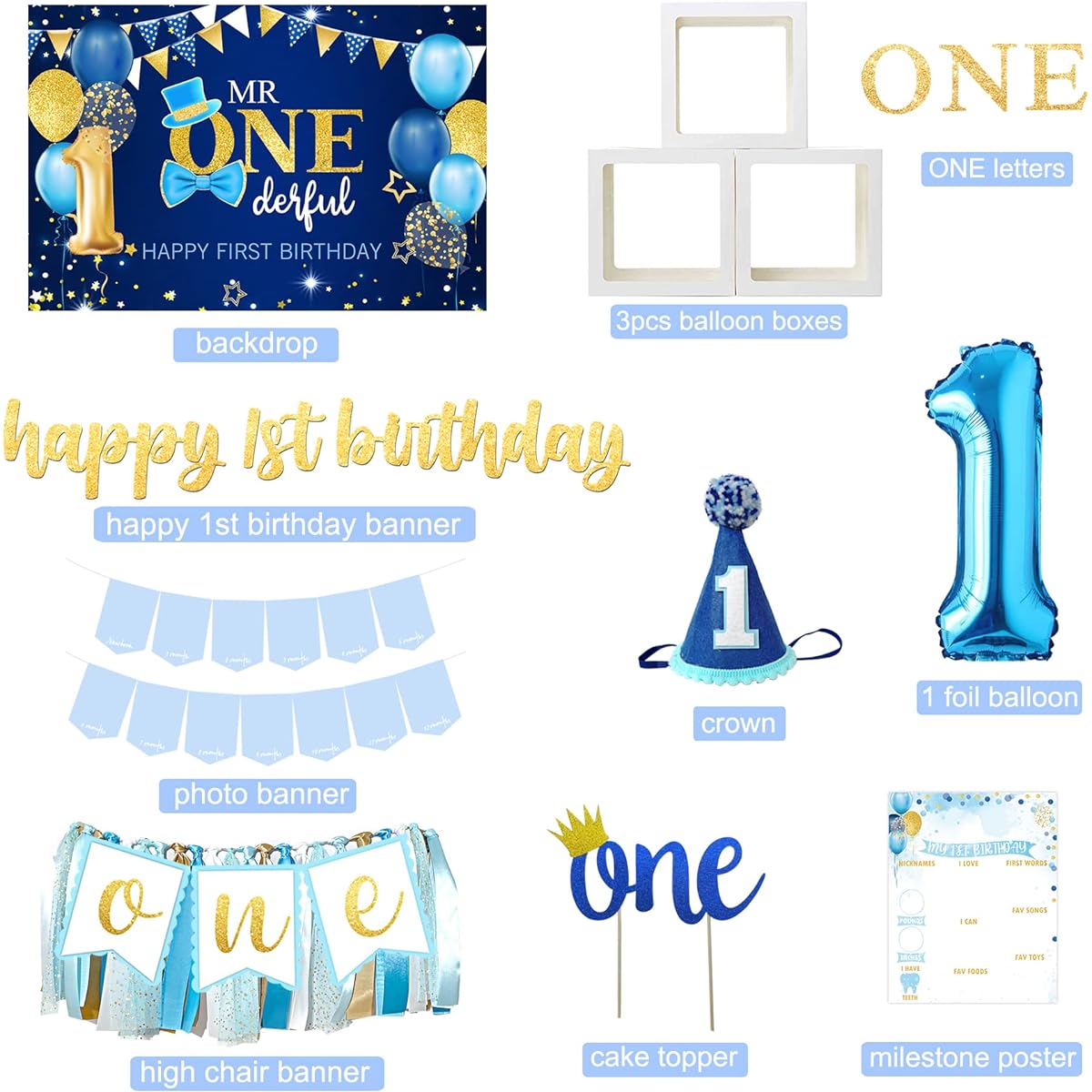 Baby Boy 1st Birthday Decoration Supplies 1st Birthday Boy Decorations Baby First Birthday Balloons Backdrop Highchair Banner Crown Photo Banner
