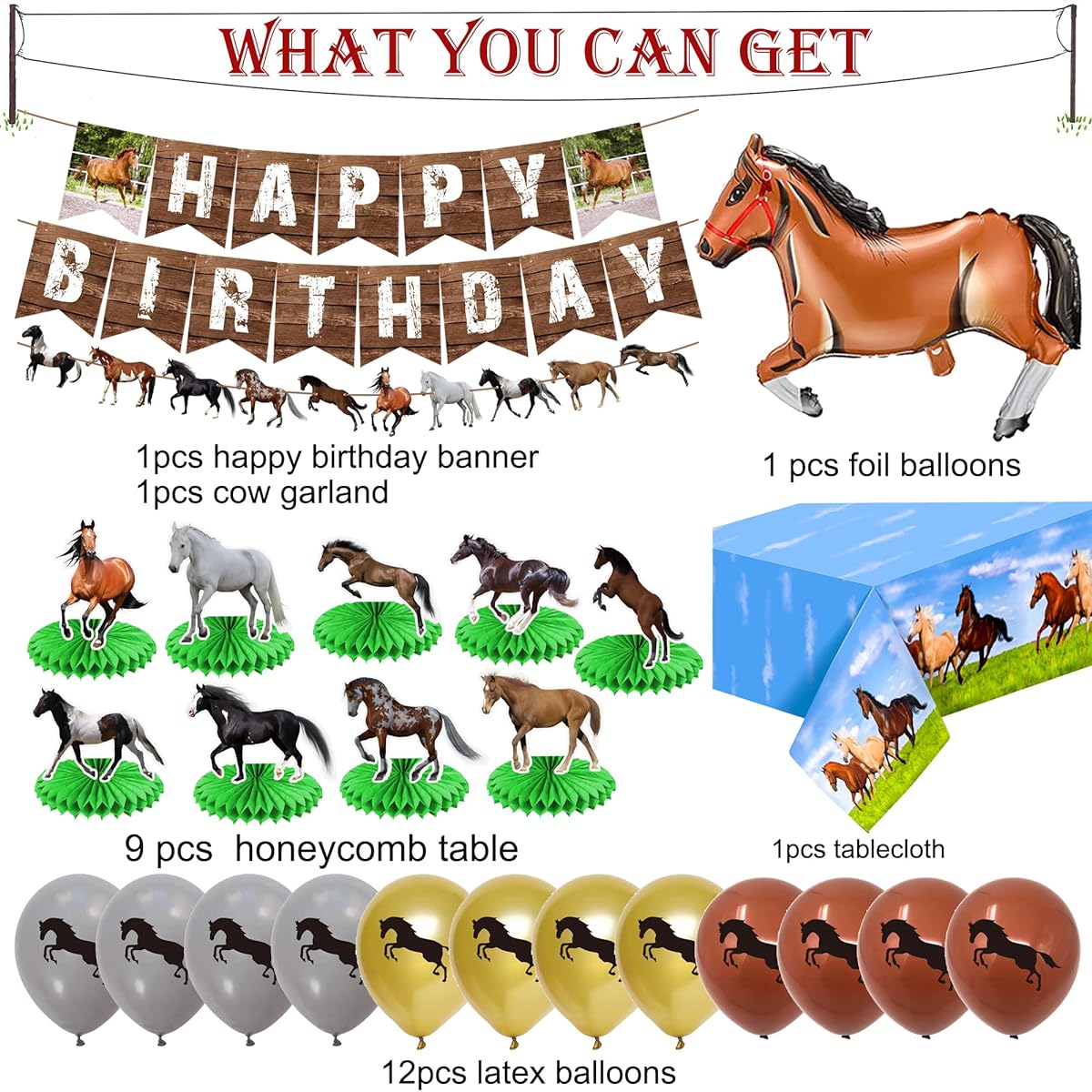 Horse Birthday Party Decorations Horse Theme Happy Birthday Banner, Foil Latex Balloons, Horse Honeycomb