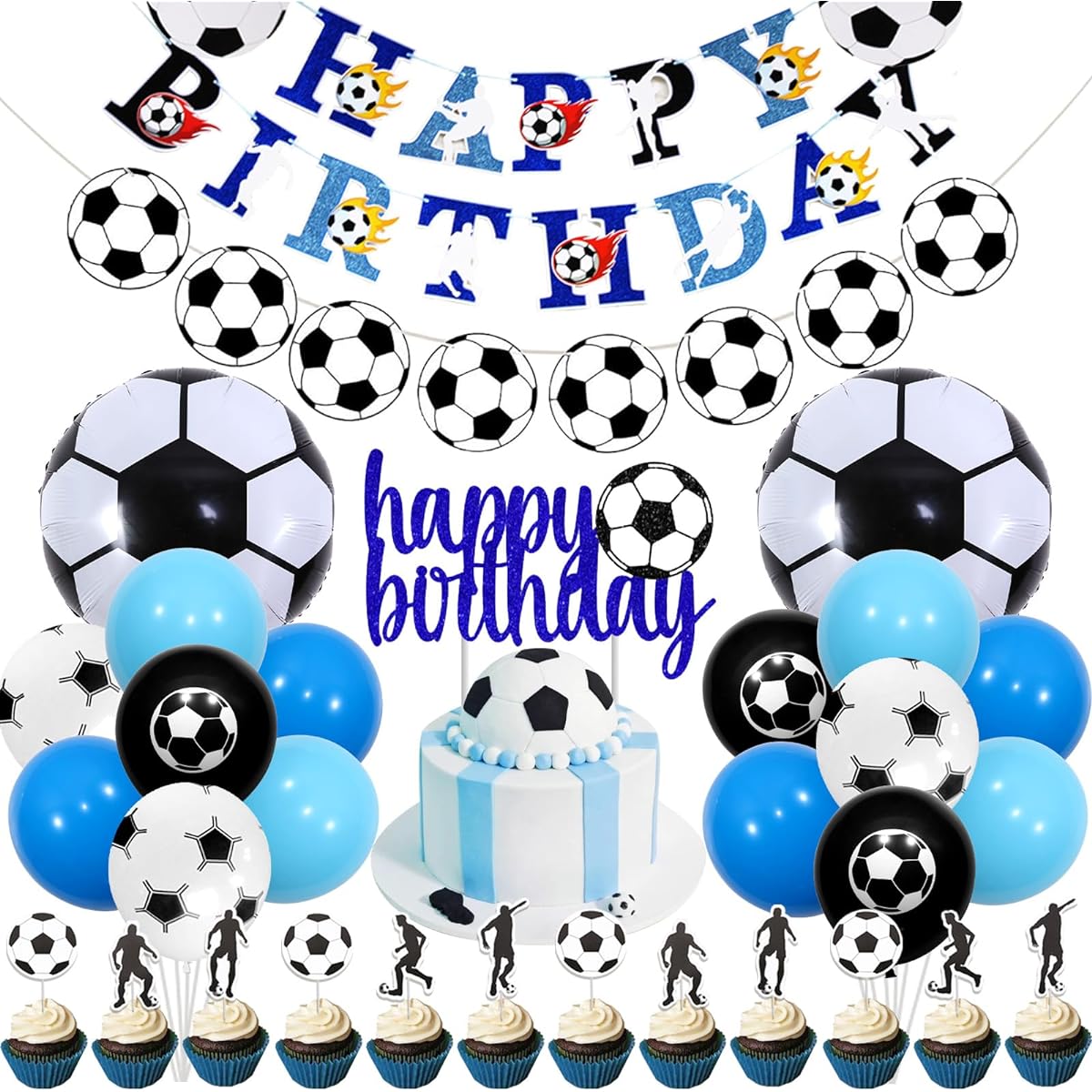 Balterever Soccer Birthday Party Decorations for Boys Soccer Theme Happy Birthday Banner Garland Soccer Birthday Cake Cupcake Toppers Soccer Balloons Sports Theme Football Theme Party Supplies