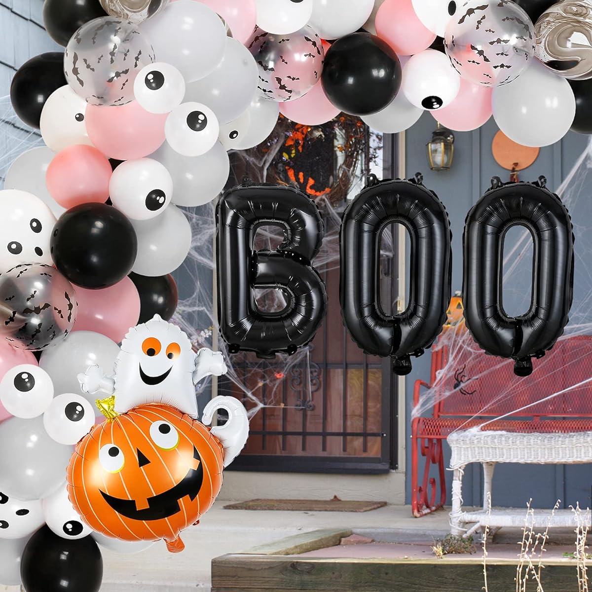 Halloween Balloon Arch Garland Kit, 130pcs Pink Black Silver Halloween Balloon Arch BOO Foil Balloons Pumpkin Ghost Balloons for Baby Girl Halloween Baby Shower Birthday Party Supplies