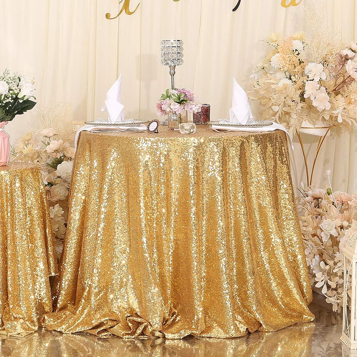 SquarePie Sequin Tablecloth Gold 120" Round Sparkly Table Linen for Wedding Birthday Party