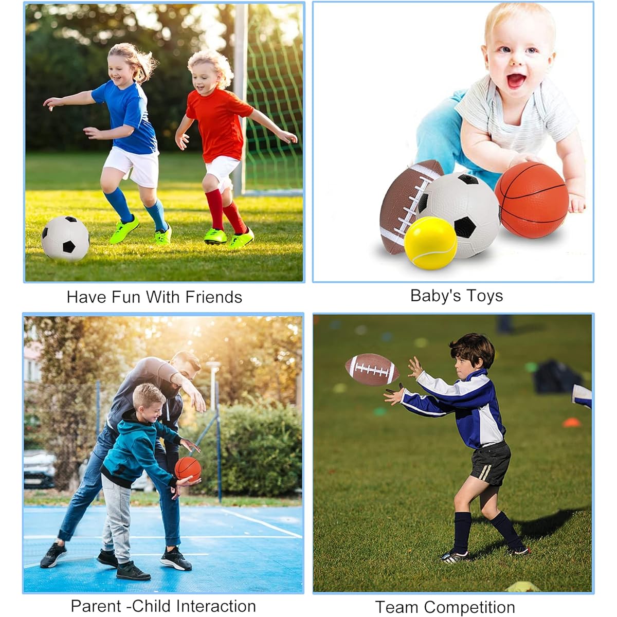 HongMe 4-Piece Soft Sports Ball Set with Air Pump for Kids & Toddlers - Soccer Ball, Basketball, Football, Tennis Ball